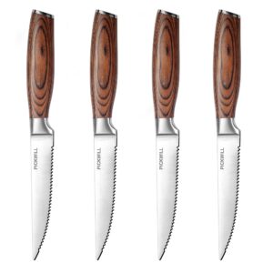 pickwill steak knives, serrated steak knives set of 4, ergonomic wood handle, 4.5 inch high carbon stainless steel dinner knives with gift box