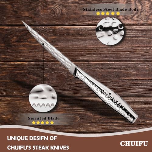 CHUIFU Steak Knives, Steak Knives Set of 4, 4.5 Inch Stainless Steel Serrated Steak Knife, Hammered Pattern Hollowed Handle, Steak Knife Set with Gift Box