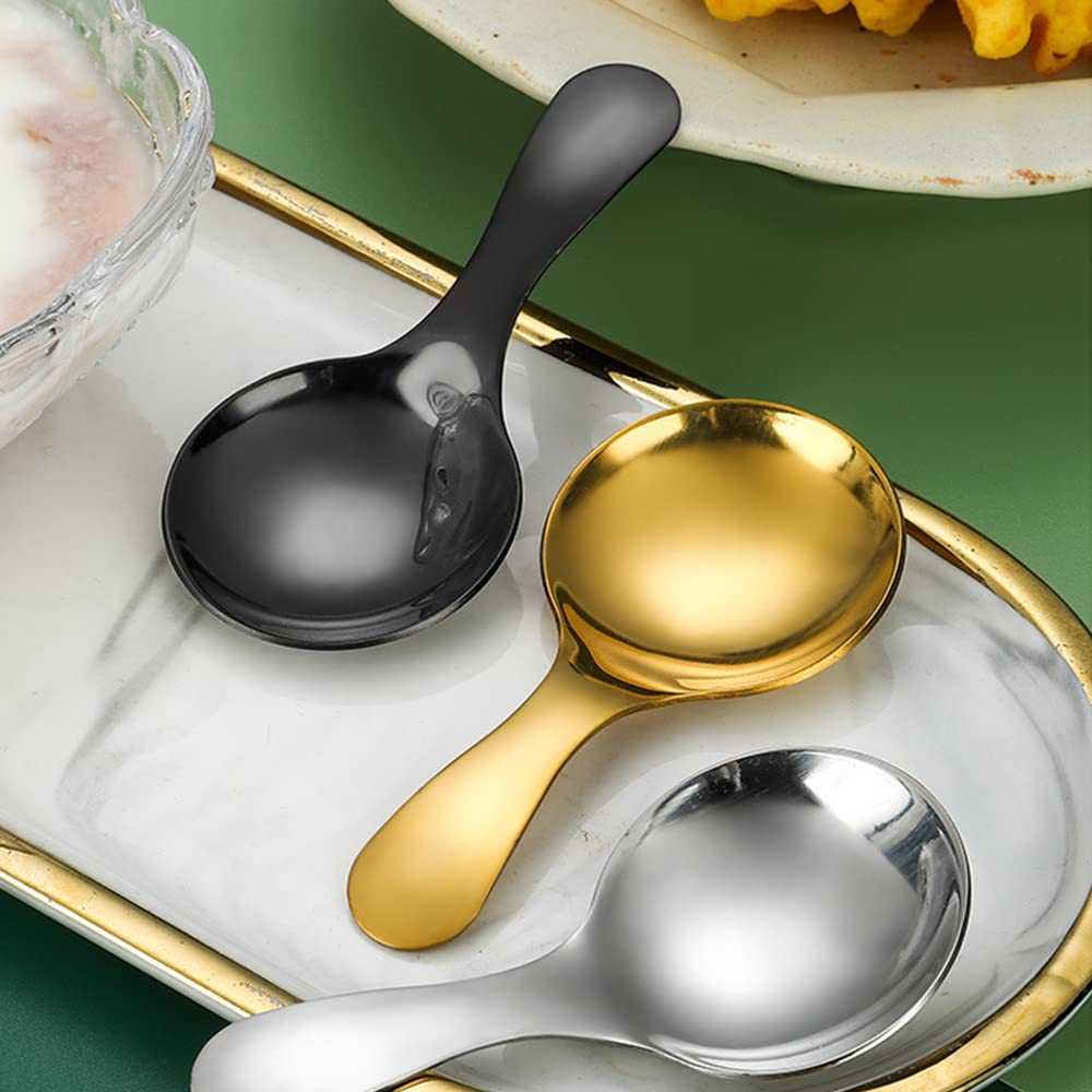 5PCS Short Handle Spoon, Stainless Steel Mini Spoons Thickened Small Round Spoon For Salt Condiments Dessert Tea Coffee (Black)