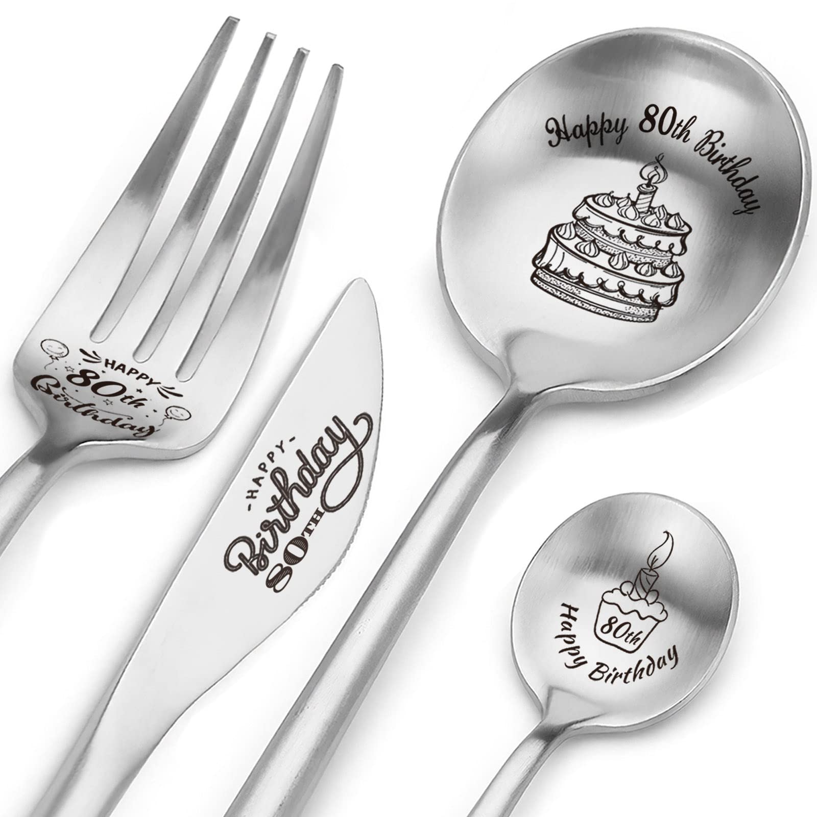 Happy 80th Birthday Spoon&Fork Gifts Engraved Cutlery Set Personalized Birthday Gifts for Son Daughter Sister Brother Friends