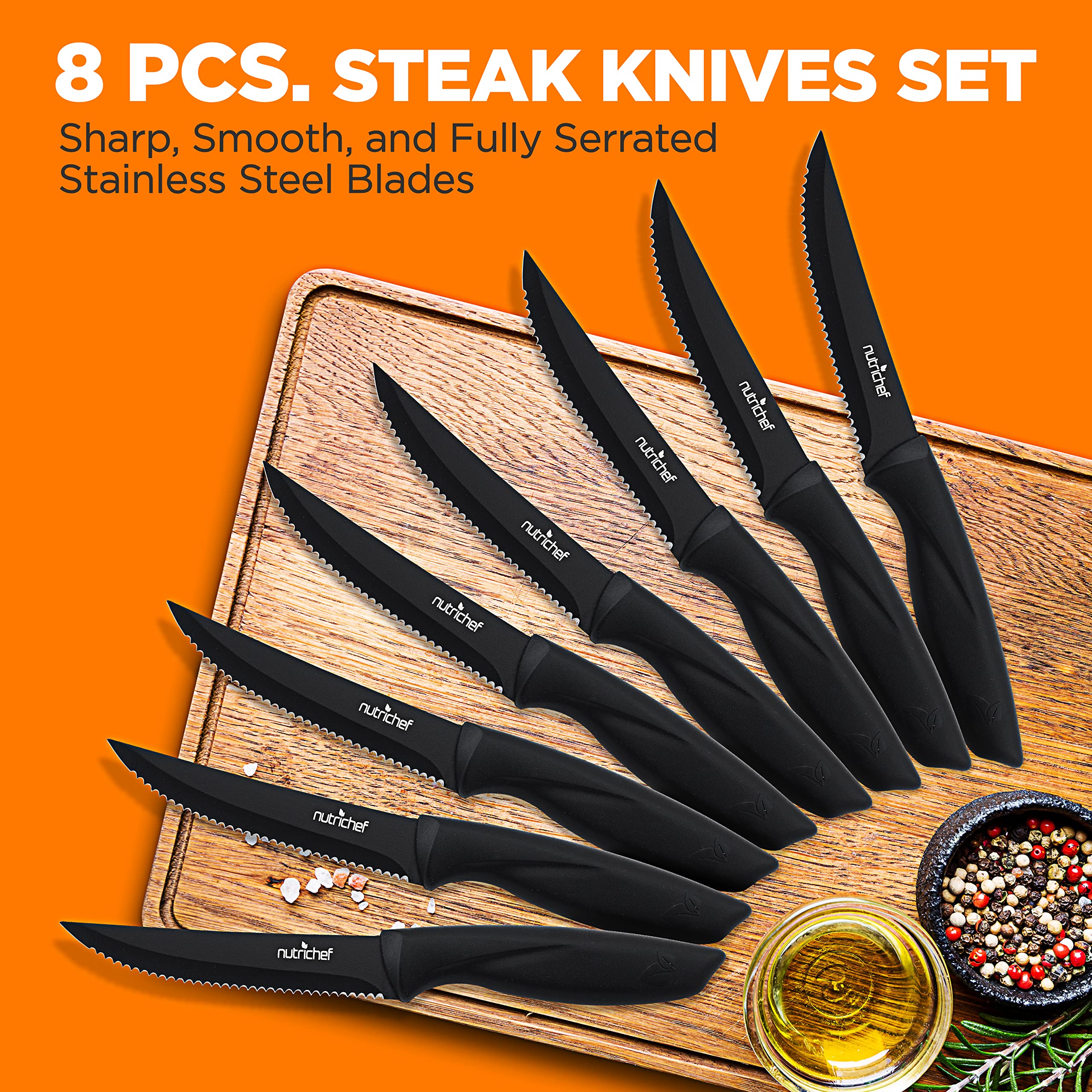 NutriChef Steak Knife Set of 8 - Premium Serrated Stainless Steel Kitchen Knife Set - Ergonomic Design, Sharp Blades, Non-Stick, & Rust-Resistant - Perfect for Home, BBQ's & Restaurants Black