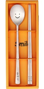 bapmoo korean chopsticks and spoon set combinations long handle reusable metal stainless steel good for gift smile face & hangul characters engraved silver