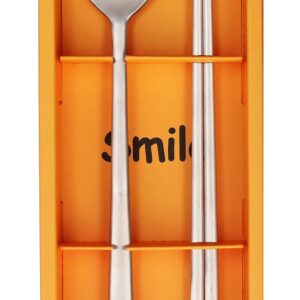 BAPMOO Korean Chopsticks and Spoon Set Combinations Long Handle Reusable Metal Stainless Steel Good for Gift Smile Face & Hangul Characters Engraved Silver