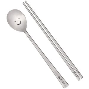 BAPMOO Korean Chopsticks and Spoon Set Combinations Long Handle Reusable Metal Stainless Steel Good for Gift Smile Face & Hangul Characters Engraved Silver