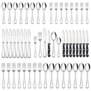 lianyu 48-piece silverware set with steak knives, stainless steel flatware cutlery set for 8, fancy eating utensils tableware, dishwasher safe, mirror finish