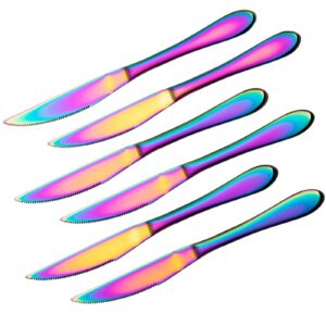 multi-color ultra-sharp serrated solid handle steak knives cut cleanly stainless steel cutlery set, 6-piece colorful steak knife sets, dishwasher safe (rainbow)…