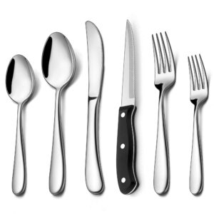 24-piece heavy duty silverware set for 4, lianyu fancy stainless steel flatware set with steak knives, thick cutlery eating utensils include forks knives spoons, mirror finished, dishwasher safe