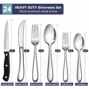 24-Piece Heavy Duty Silverware Set for 4, LIANYU Fancy Stainless Steel Flatware Set with Steak Knives, Thick Cutlery Eating Utensils Include Forks Knives Spoons, Mirror Finished, Dishwasher Safe