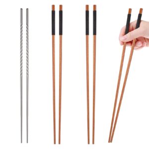3 pairs long cooking chopsticks 15.3 inch extra long stainless steel chopsticks and 16.5 inch extra long wooden kitchen frying chopsticks for hot pot, frying, noodle, cooking favor