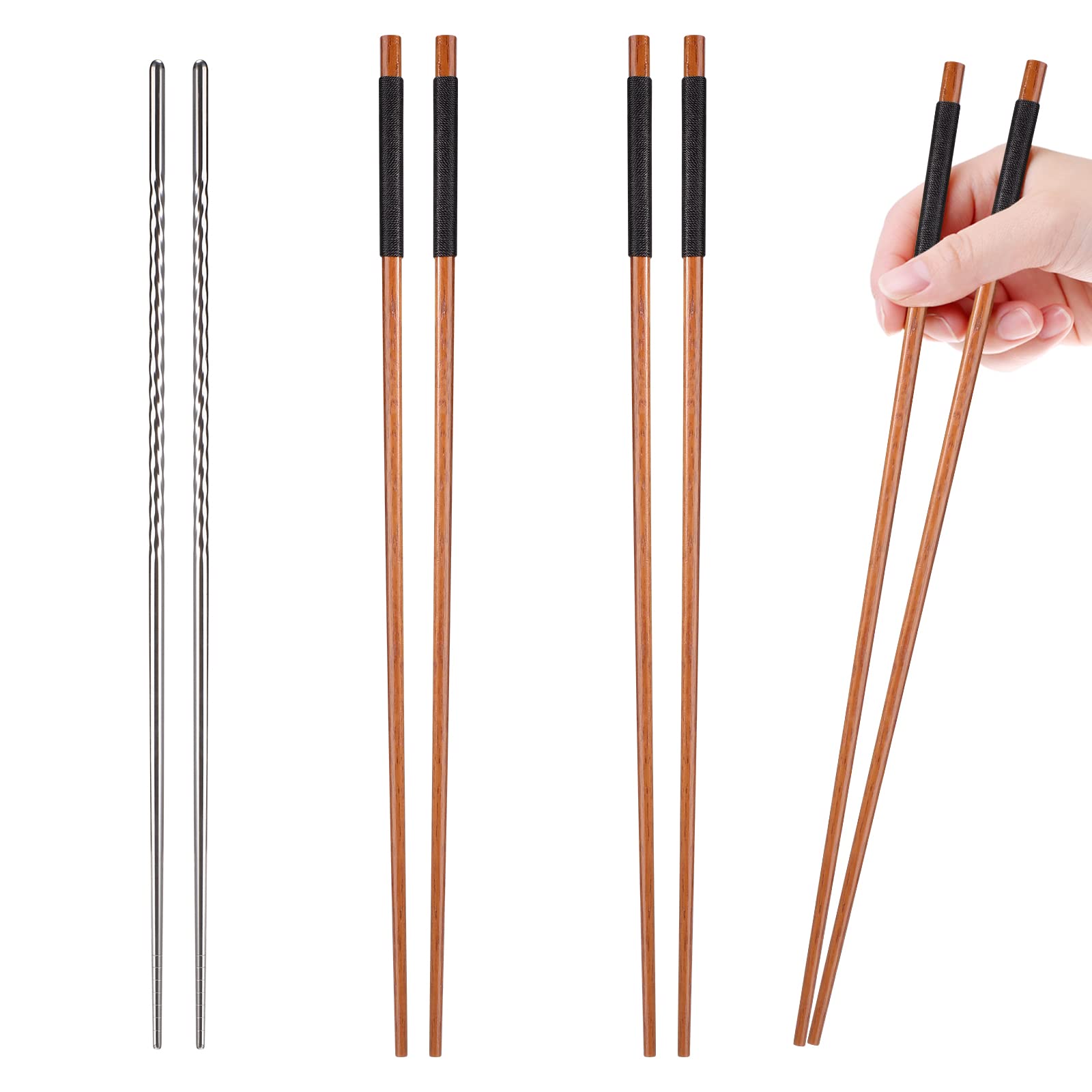 3 Pairs Long Cooking Chopsticks 15.3 Inch Extra Long Stainless Steel Chopsticks and 16.5 Inch Extra Long Wooden Kitchen Frying Chopsticks for Hot Pot, Frying, Noodle, Cooking Favor