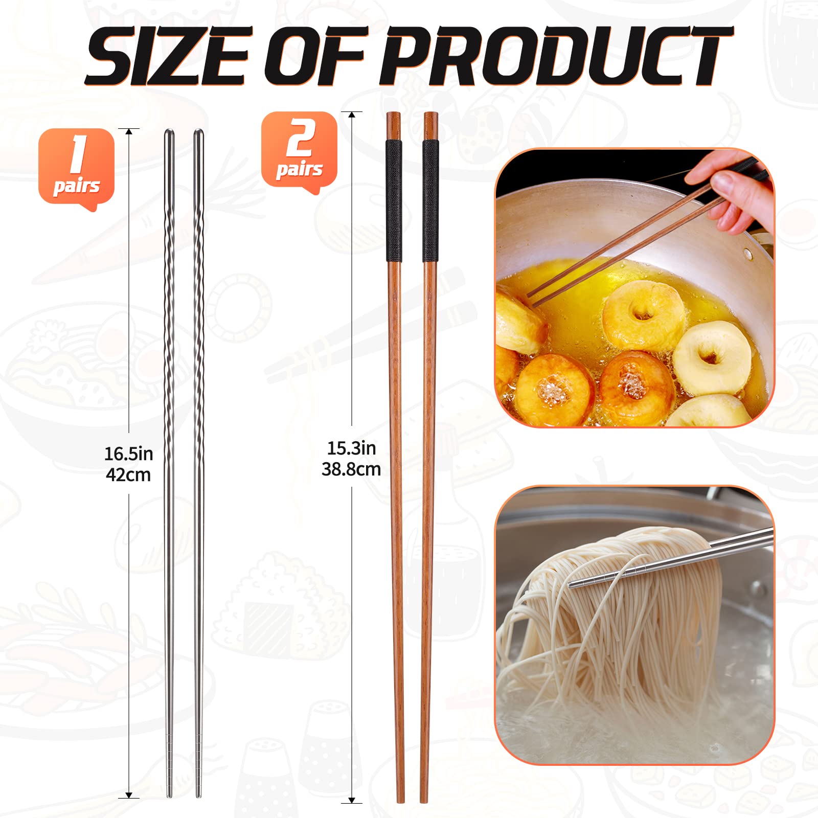 3 Pairs Long Cooking Chopsticks 15.3 Inch Extra Long Stainless Steel Chopsticks and 16.5 Inch Extra Long Wooden Kitchen Frying Chopsticks for Hot Pot, Frying, Noodle, Cooking Favor