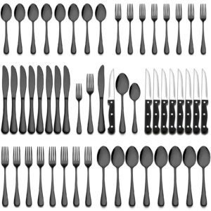 wildone 48-piece black flatware set with steak knives, stainless steel silverware cutlery set service for 8, tableware eating utensils include knives/forks/spoons, mirror polished, dishwasher safe