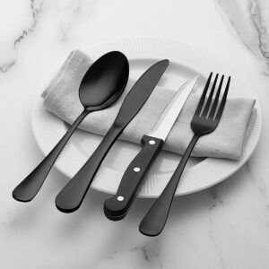 Wildone 48-Piece Black Flatware Set with Steak Knives, Stainless Steel Silverware Cutlery Set Service for 8, Tableware Eating Utensils Include Knives/Forks/Spoons, Mirror Polished, Dishwasher Safe