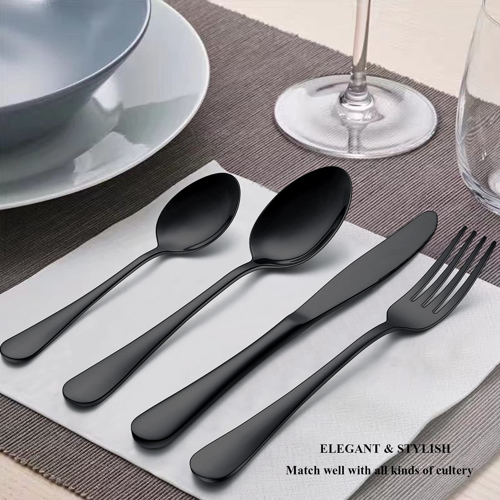 Wildone 48-Piece Black Flatware Set with Steak Knives, Stainless Steel Silverware Cutlery Set Service for 8, Tableware Eating Utensils Include Knives/Forks/Spoons, Mirror Polished, Dishwasher Safe