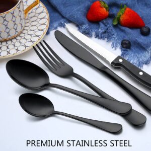 Wildone 48-Piece Black Flatware Set with Steak Knives, Stainless Steel Silverware Cutlery Set Service for 8, Tableware Eating Utensils Include Knives/Forks/Spoons, Mirror Polished, Dishwasher Safe