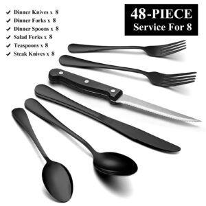 Wildone 48-Piece Black Flatware Set with Steak Knives, Stainless Steel Silverware Cutlery Set Service for 8, Tableware Eating Utensils Include Knives/Forks/Spoons, Mirror Polished, Dishwasher Safe