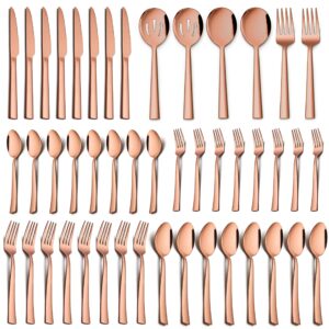 Homikit 46-Piece Copper Silverware Set with Serving Utensils, Stainless Steel Square Flatware Cutlery Set for 8, Modern Home Restaurant Hotel Eating Utensils, Include Fork Spoon Knife, Dishwasher Safe