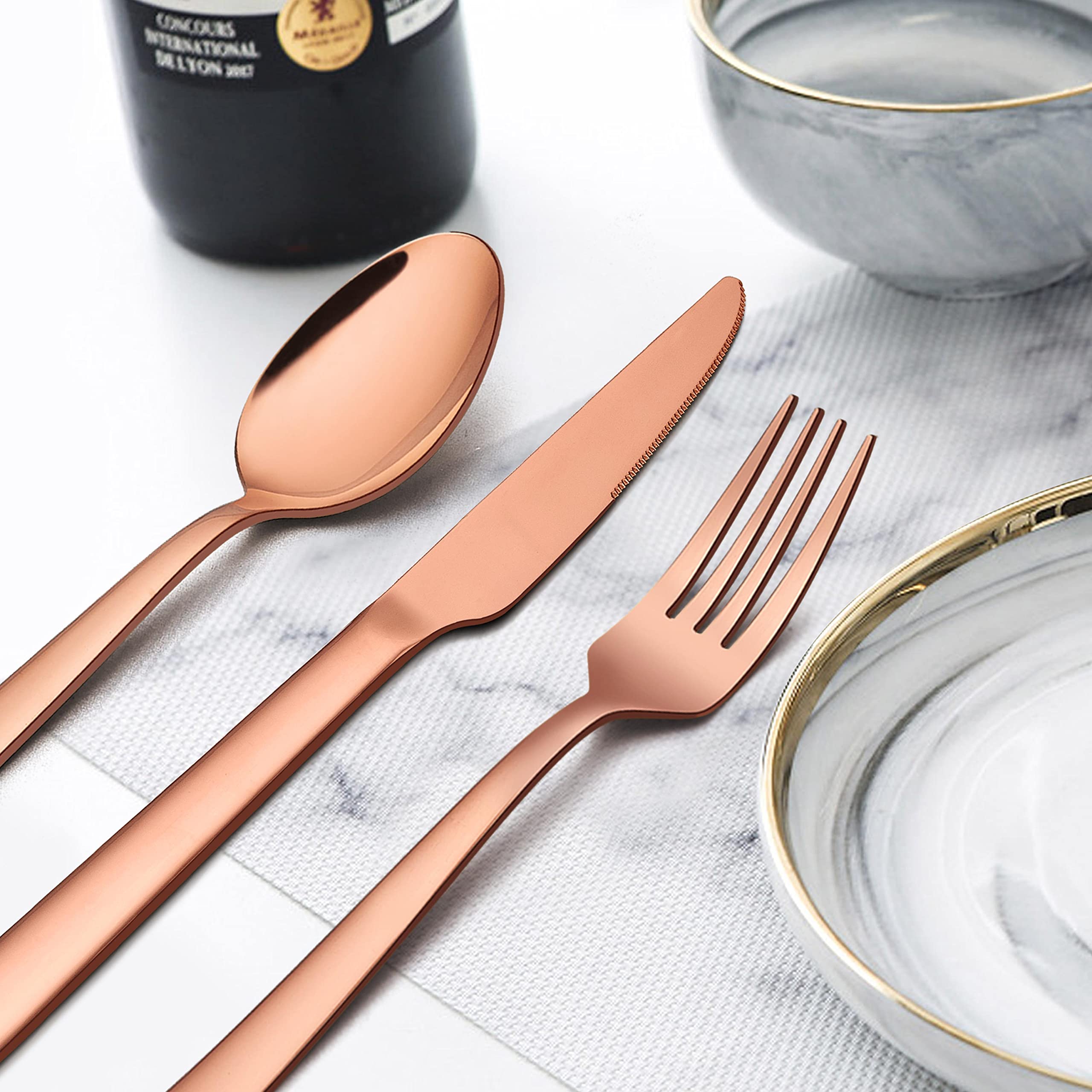 Homikit 46-Piece Copper Silverware Set with Serving Utensils, Stainless Steel Square Flatware Cutlery Set for 8, Modern Home Restaurant Hotel Eating Utensils, Include Fork Spoon Knife, Dishwasher Safe