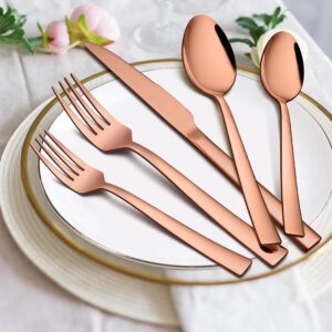 Homikit 46-Piece Copper Silverware Set with Serving Utensils, Stainless Steel Square Flatware Cutlery Set for 8, Modern Home Restaurant Hotel Eating Utensils, Include Fork Spoon Knife, Dishwasher Safe