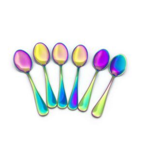 renohef rainbow coffee spoons,stainless steel colorful plated mini spoon,tea spoon,ice cream spoon,dessert teaspoon fruit scoop colorful flatware wedding dinnerware cutlery,set of 6 (sharp)