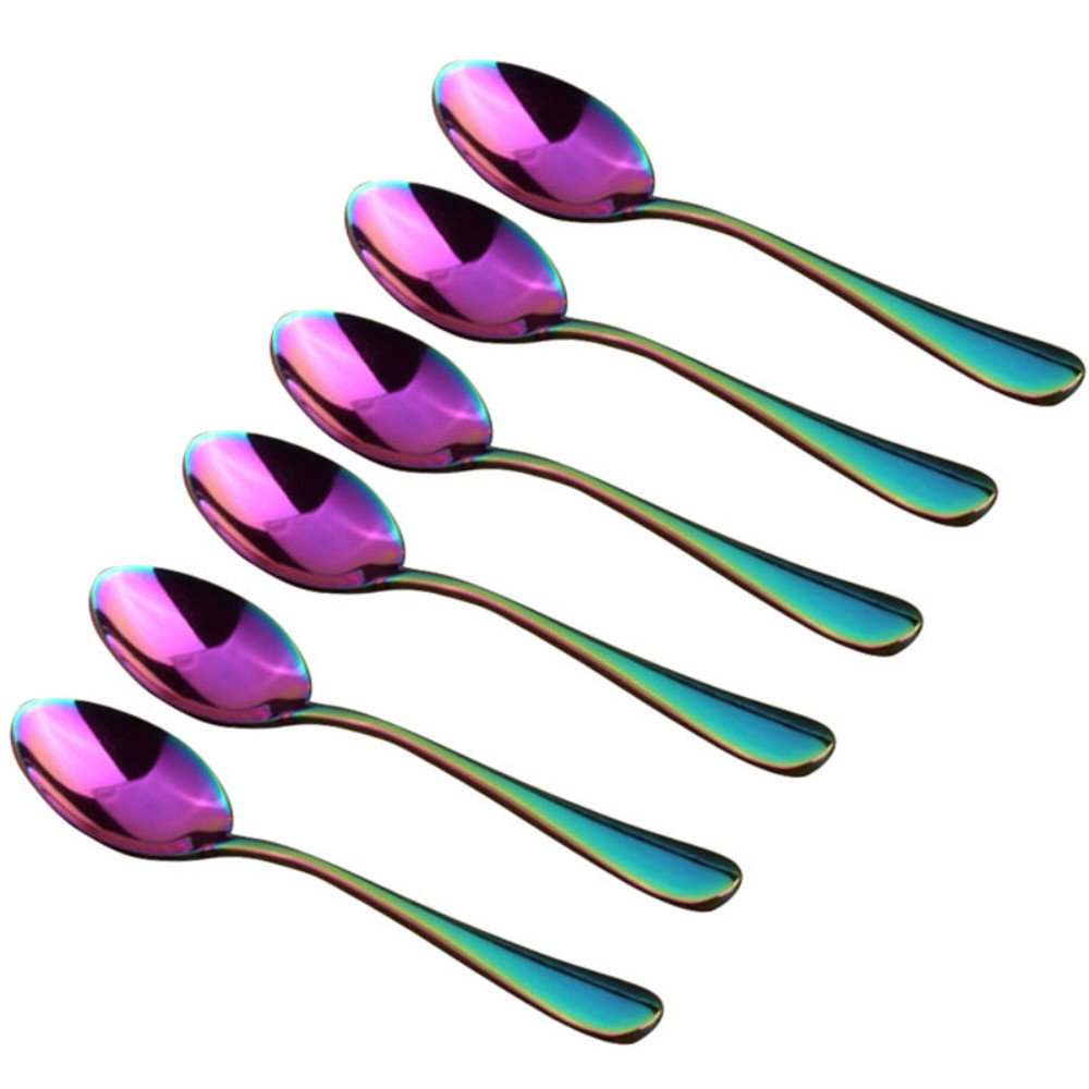 Renohef Rainbow Coffee Spoons,Stainless Steel Colorful Plated Mini Spoon,Tea Spoon,Ice Cream Spoon,Dessert Teaspoon Fruit Scoop Colorful Flatware Wedding Dinnerware Cutlery,Set of 6 (sharp)