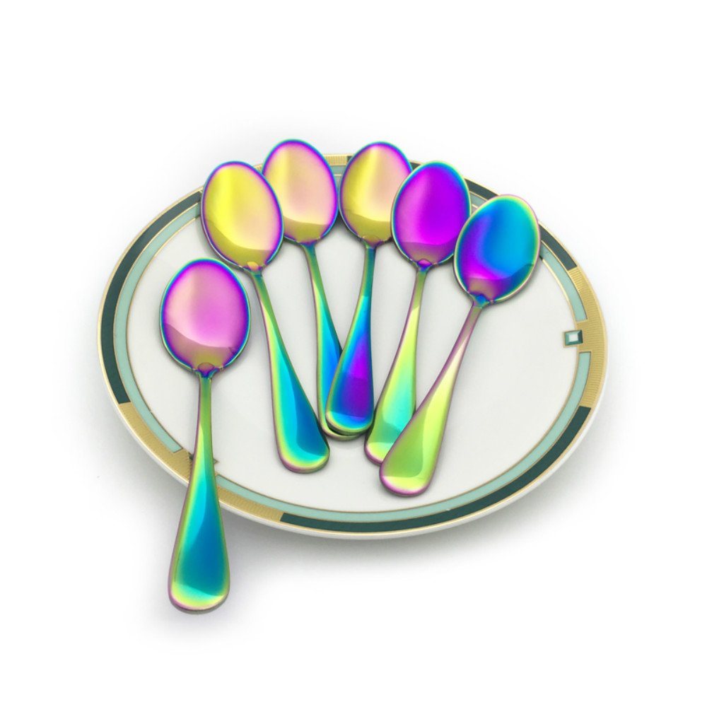 Renohef Rainbow Coffee Spoons,Stainless Steel Colorful Plated Mini Spoon,Tea Spoon,Ice Cream Spoon,Dessert Teaspoon Fruit Scoop Colorful Flatware Wedding Dinnerware Cutlery,Set of 6 (sharp)