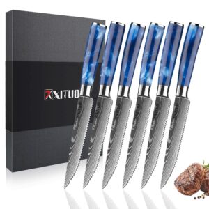 xt xituo serrated steak knife set - 6pcs premium 4.5 inch kitchen cutting steak knives, german stainless steel knifetable dinner knife with blue resin handle for home restaurant, gift box