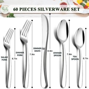 Herogo Heavy Duty Stainless Steel Silverware Set, 60-Piece Fancy Flatware Cutlery Set for 12, Modern Tableware for Home Restaurant Wedding, Heavy Eating Utensils Set, Mirror Polished, Dishwasher Safe