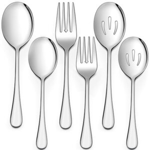 lianyu 2 serving spoons, 2 slotted serving spoons, 2 serving forks, 8 3/4 inch stainless steel buffet catering party banquet serving spoons forks set, mirror finished, dishwasher safe