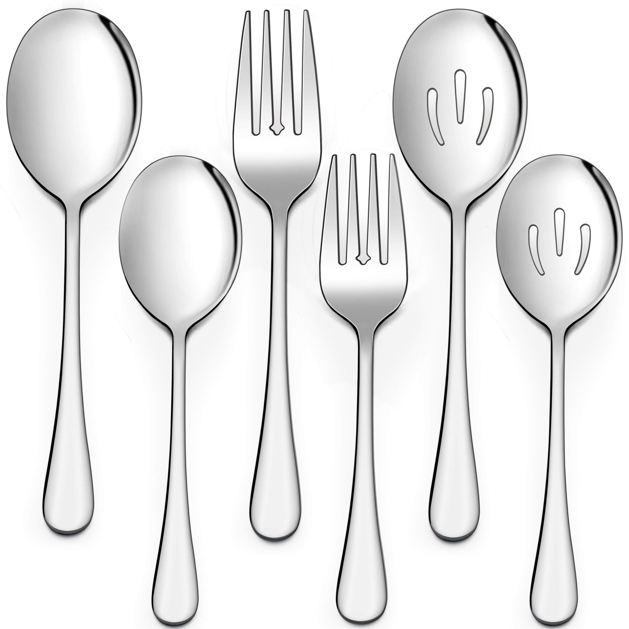 LIANYU 2 Serving Spoons, 2 Slotted Serving Spoons, 2 Serving Forks, 8 3/4 Inch Stainless Steel Buffet Catering Party Banquet Serving Spoons Forks Set, Mirror Finished, Dishwasher Safe