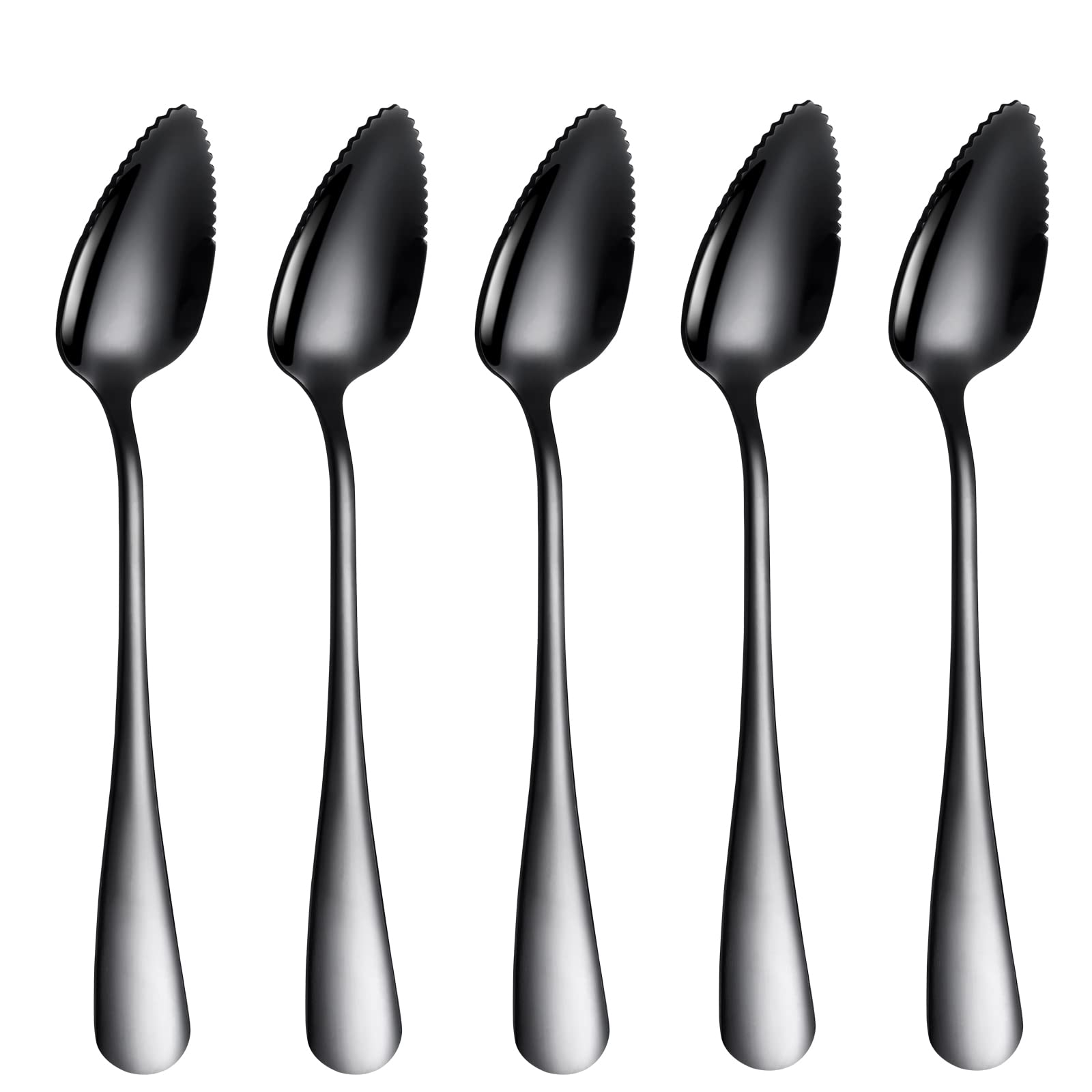 5 PCS Grapefruit Spoons, Stainless Steel Grapefruit Spoon Utensil Set, Serrated Edge & Thick Gauge Handle, Black Kitchen Tool with Non-stick Plating for Kiwi, Dessert, Apple, Citrus Fruit