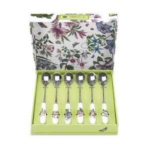 portmeirion botanic garden teaspoons | set of 6 teaspoons with assorted floral motifs | 6 inch spoons | made from stainless steel with porcelain handles