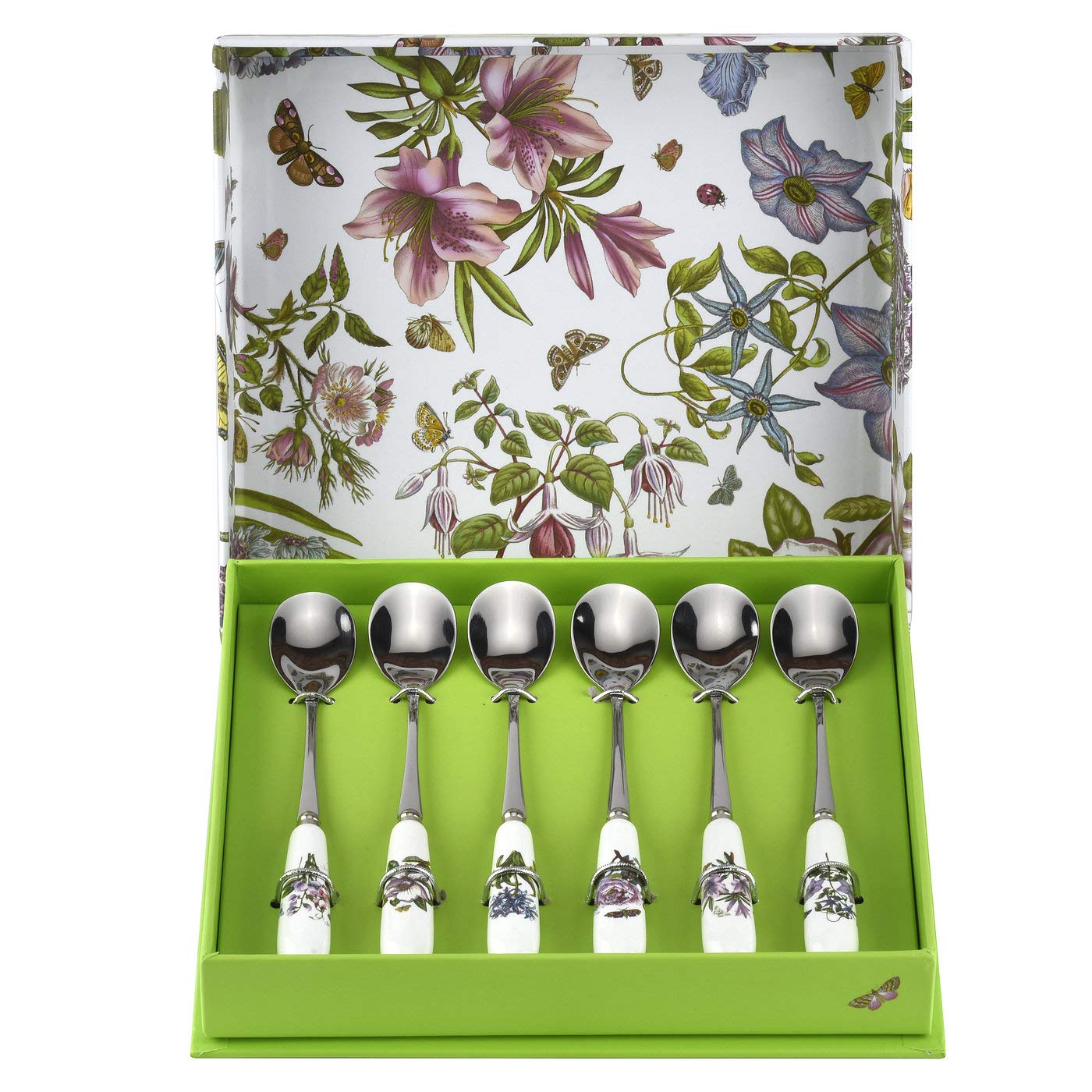 Portmeirion Botanic Garden Teaspoons | Set of 6 Teaspoons with Assorted Floral Motifs | 6 Inch Spoons | Made from Stainless Steel with Porcelain Handles