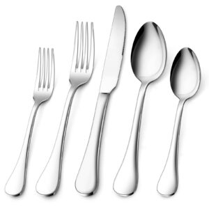 40-Piece Silverware Set for 8, E-far 18/10 Stainless Steel Flatware Cutlery Metal Eating Utensil Tableware Forks and Spoon Sets for Restaurant Wedding - Simple Fancy Style & Dishwasher Safe