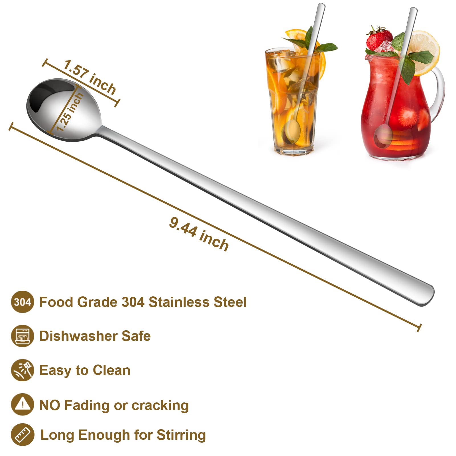 Long Handle Iced Tea Spoons, 304 Stainless Steel Teaspoons, 9.5 Inch Coffee Stirrers,Ice Cream Spoon,Cocktail Stirring Spoons, Set of 4 (Silver) (9.4 Inch, 4)