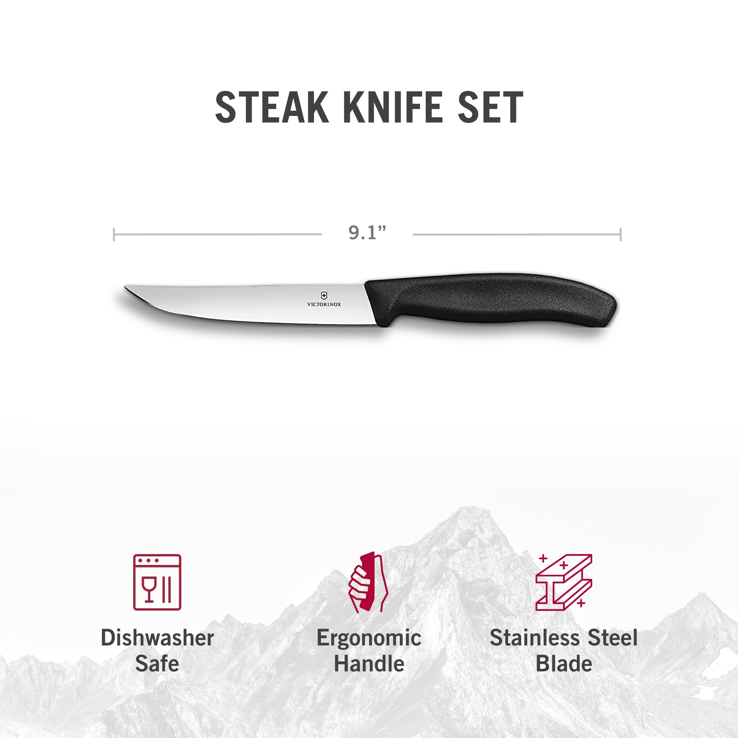 Victorinox Swiss Classic Steak Knives - Cooking Knives for Kitchen Utensils - Ergonomic, Stainless Steel Meat Knives - Black Handles, Straight Edge, 6-Piece Set