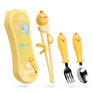 training chopsticks set for kids and beginners,chopstick spoon fork and case set,reusable learning chopsticks with attachable learning chopstick helper - right handed only stainless steel yellow