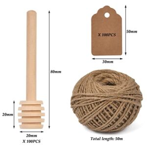 FOCCTS 100pcs Honey Dipper Sticks, 3 inch Wooden Honey Dipper Honey Stirrers Honey Spoon with Natural Jute Twine Kraft Paper Tags for Honey Jar Dispense Drizzle Honey Wedding Party Favors Honey Server