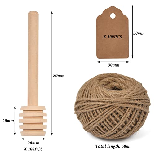 FOCCTS 100pcs Honey Dipper Sticks, 3 inch Wooden Honey Dipper Honey Stirrers Honey Spoon with Natural Jute Twine Kraft Paper Tags for Honey Jar Dispense Drizzle Honey Wedding Party Favors Honey Server