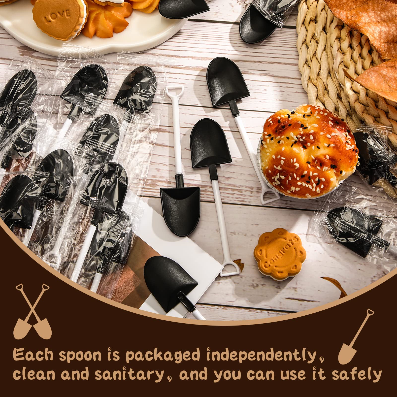 Novelty Mini Shovel Spoons for Dessert Disposable Plastic Shovel Shaped Spoons Mini Dessert Spoons for Ice Cream Cake Pudding Yogurt Family Construction Birthday Party Supplies (150 Pcs, Black)