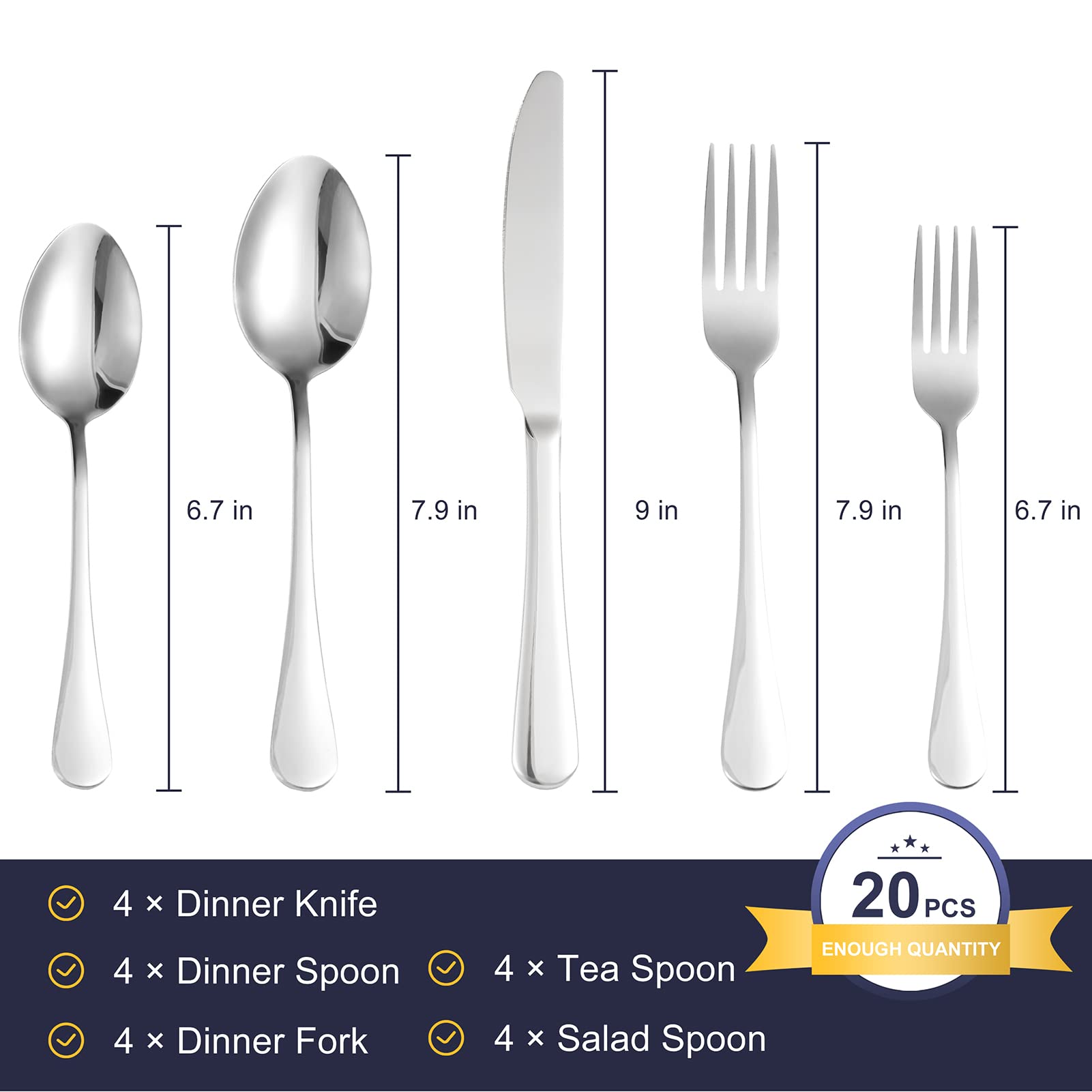 ZXZCTTC 20-Piece Silverware Set, Reusable Stainless Steel Flatware Cutlery Sets, Not easy to fade，Dishwasher safe，Firm Forks and Spoons Silverware Serving Set Utensils for 4, (Silver)