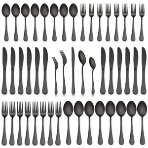 lianyu black silverware flatware set for 12, 60-piece stainless steel cutlery set includes knives spoons forks, mirror finished, dishwasher safe