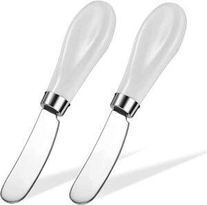 2 pack stainless steel butter spreader knife with white porcelain handle, 3-in-1 kitchen gadgets,5.11 inch. butter spreader for bread smear butter, jam, peanut butter (butter knief)