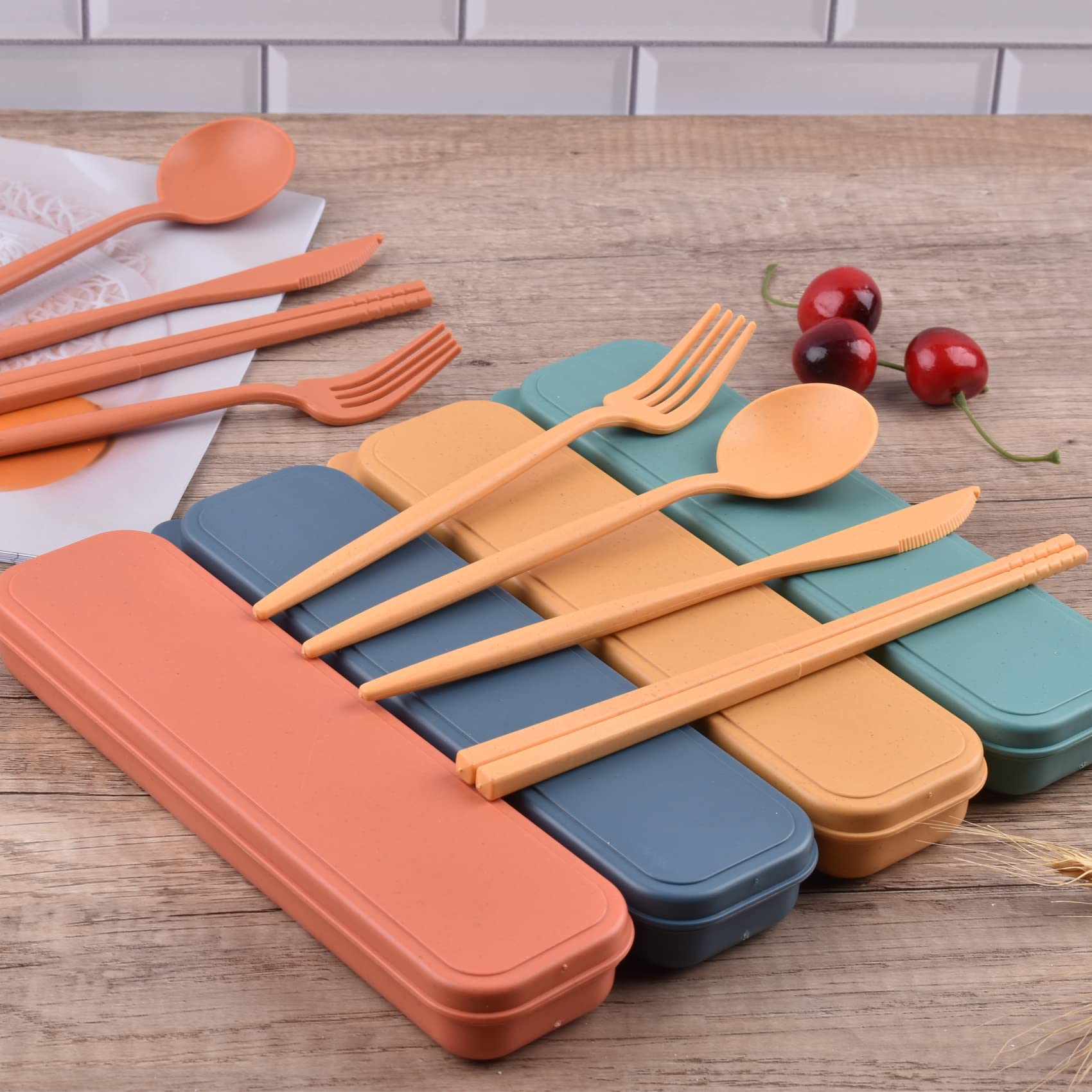 Travel Utensils with Case, Reusable Utensils Set with Case, Lunch Box Utensils Set Portable Utensils Set for Lunch Box School Picnic Travel Camping or Daily Use (4 Colors)