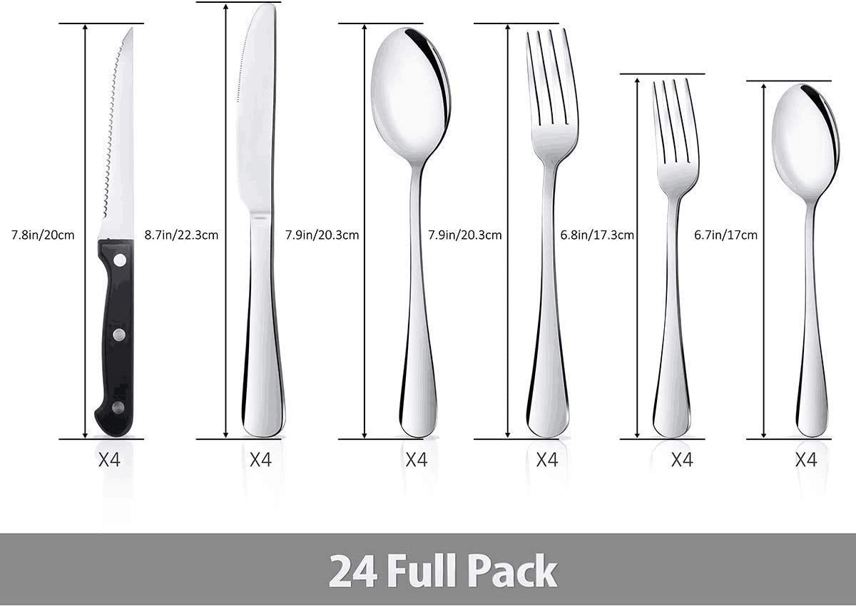Teivio 24-Piece Stainless Steel Flatware Cutlery Set and 4 steak knife, Silverware Utensil Set with Countertop Caddy, Service for 4, Include Knives/Forks/Spoons, Mirror Polished