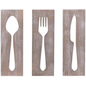 haven home decor set of 3 oversized utensils kitchen rustic plank art, fork knife spoon 18-inches x 18-inches, natural