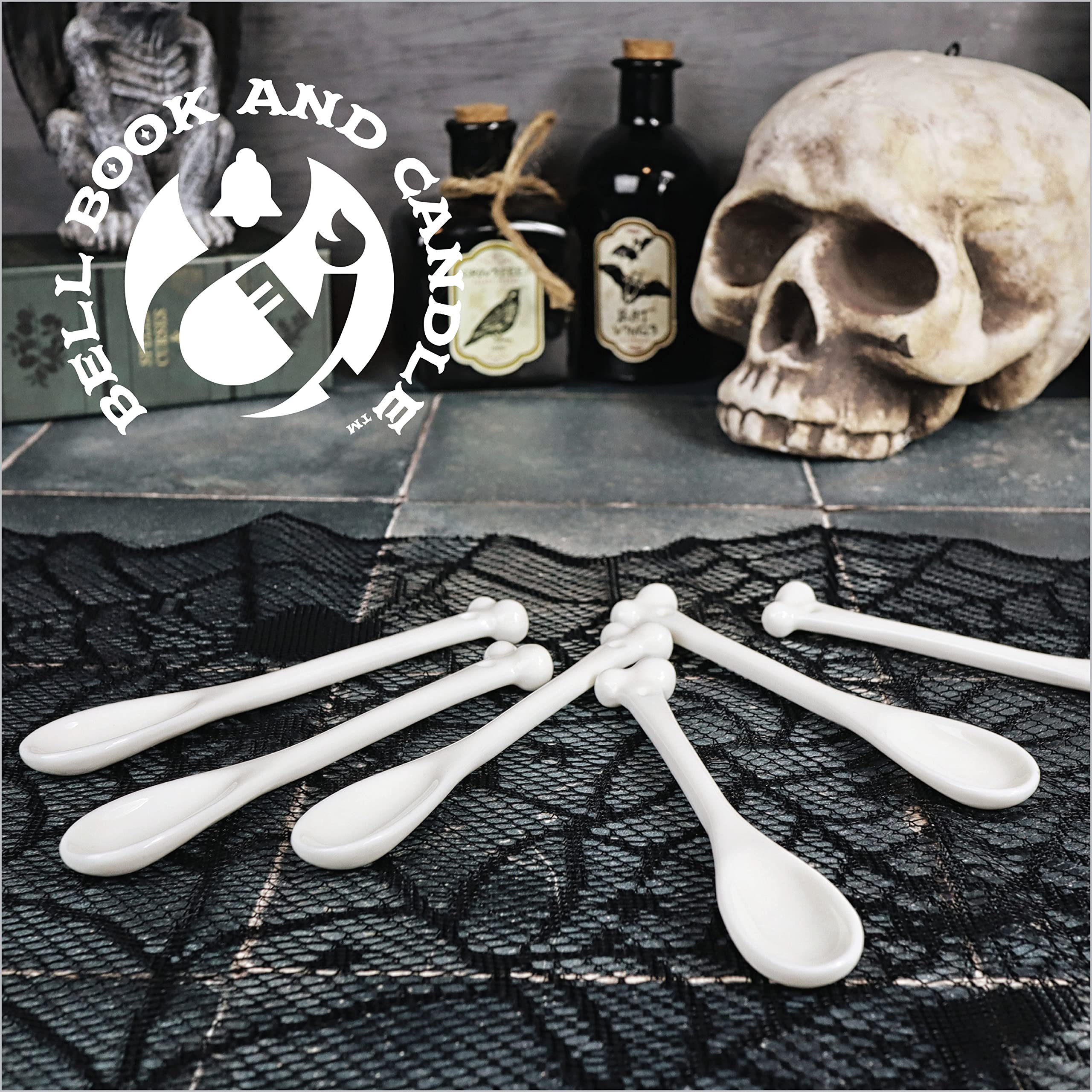 Ceramic Bone Spoons - Set of 6 - Spooky Valentines Day Gifts, Goth Valentines Day Decor - Skull Spoon, Witchy Gifts, Goth Gifts For Women, Spooky Gifts - Gothic Tea Set