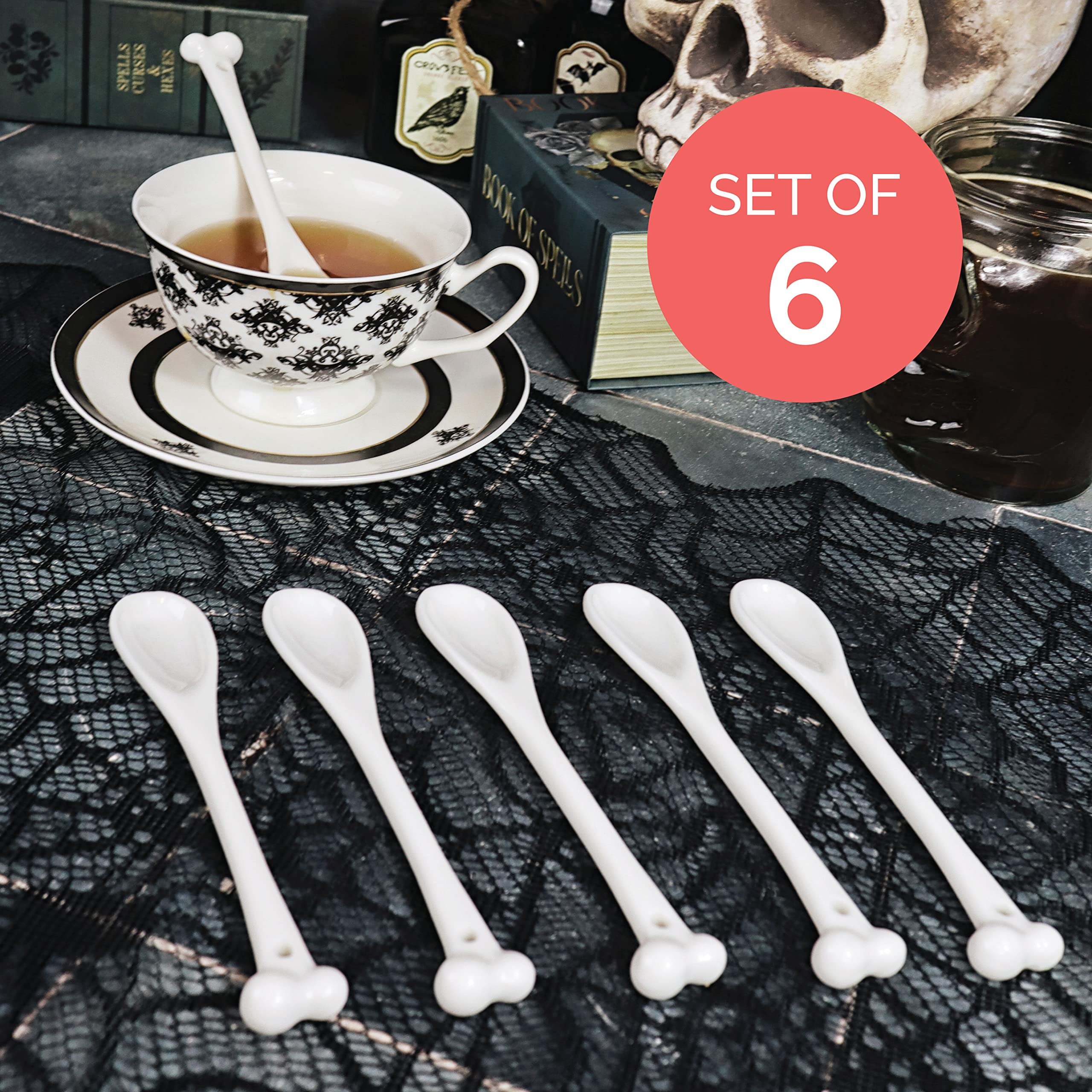 Ceramic Bone Spoons - Set of 6 - Spooky Valentines Day Gifts, Goth Valentines Day Decor - Skull Spoon, Witchy Gifts, Goth Gifts For Women, Spooky Gifts - Gothic Tea Set