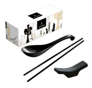 12 pieces ramen set: 4 black spoons, 4 chopsticks and 4 stand rest. asian soup spoons. unbreakable melamine made. perfect for japanese and chinese food: ramen, wonton, sushi, miso, rice, pho soup.