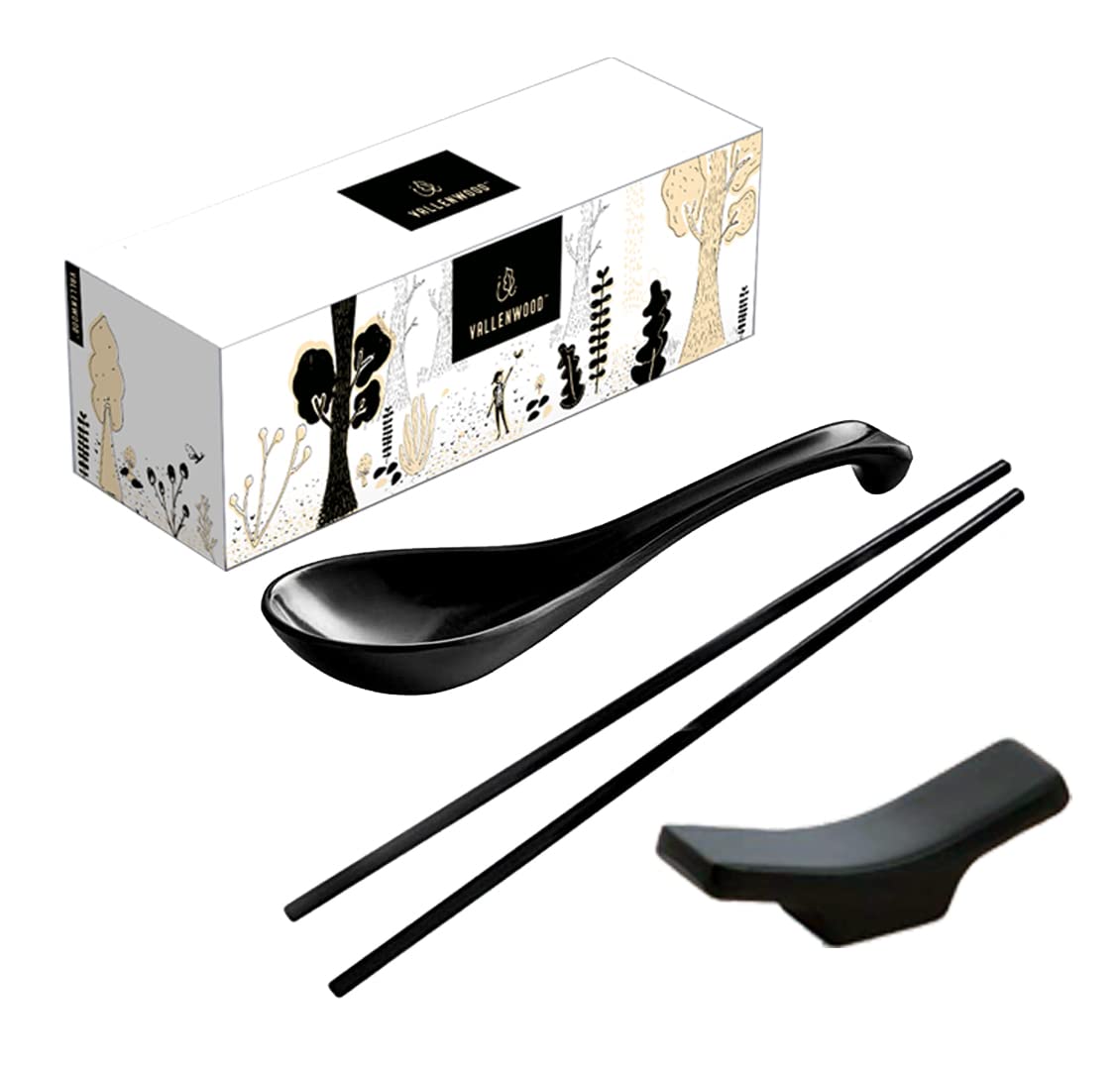 12 Pieces Ramen Set: 4 Black Spoons, 4 Chopsticks And 4 Stand rest. Asian Soup Spoons. Unbreakable Melamine Made. Perfect For Japanese And Chinese Food: Ramen, Wonton, Sushi, Miso, Rice, Pho Soup.